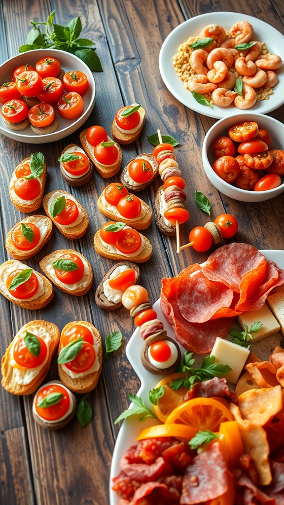 A variety of delicious appetizers including bruschetta, stuffed mushrooms, mini caprese skewers, shrimp cocktail, and a cheese platter on a wooden table.